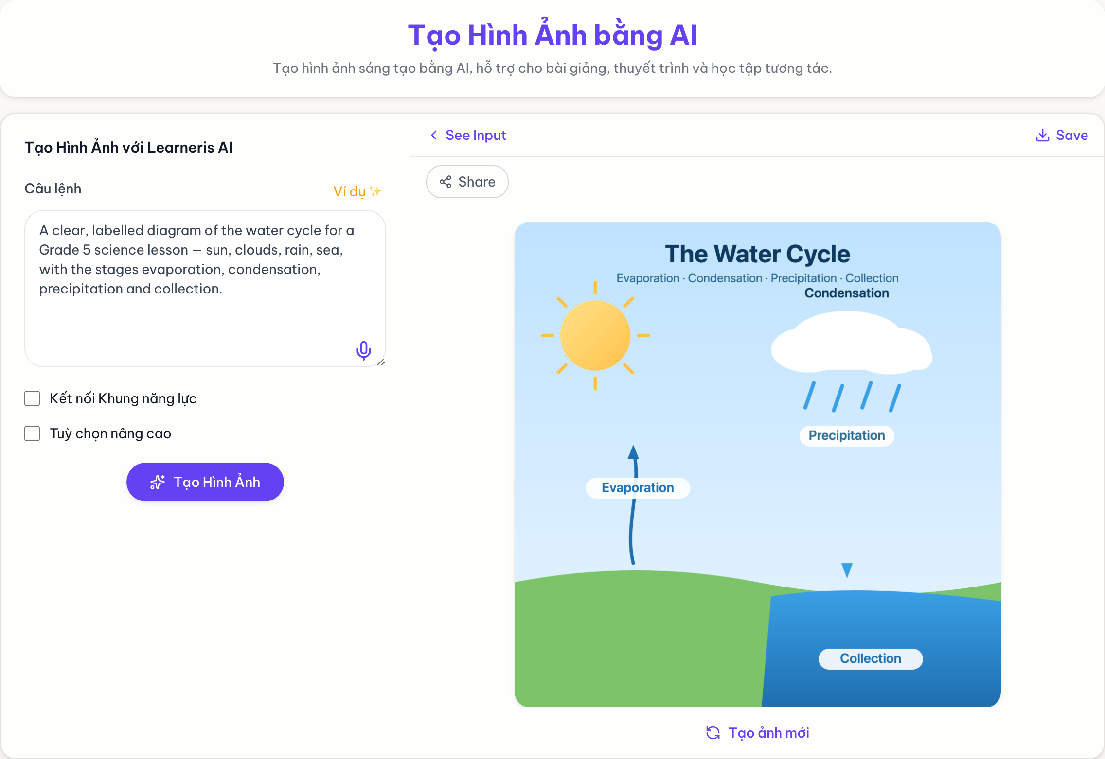 Công cụ tạo ảnh AI — câu lệnh bên trái, hình minh hoạ bài học được tạo bên phải · The AI image tool — prompt on the left, a generated lesson illustration on the right