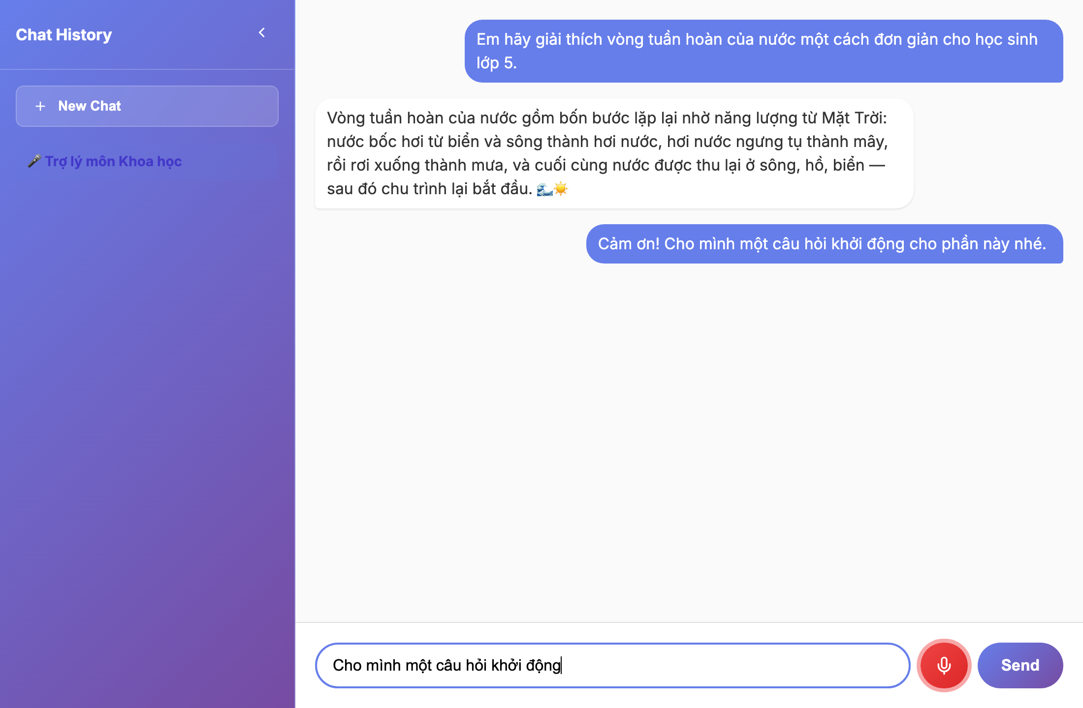 Chat AI với nút micro đang ghi âm cạnh ô nhập liệu, văn bản hiện ngay khi nói · Chat AI with the mic button actively recording beside the input, text appearing as you speak