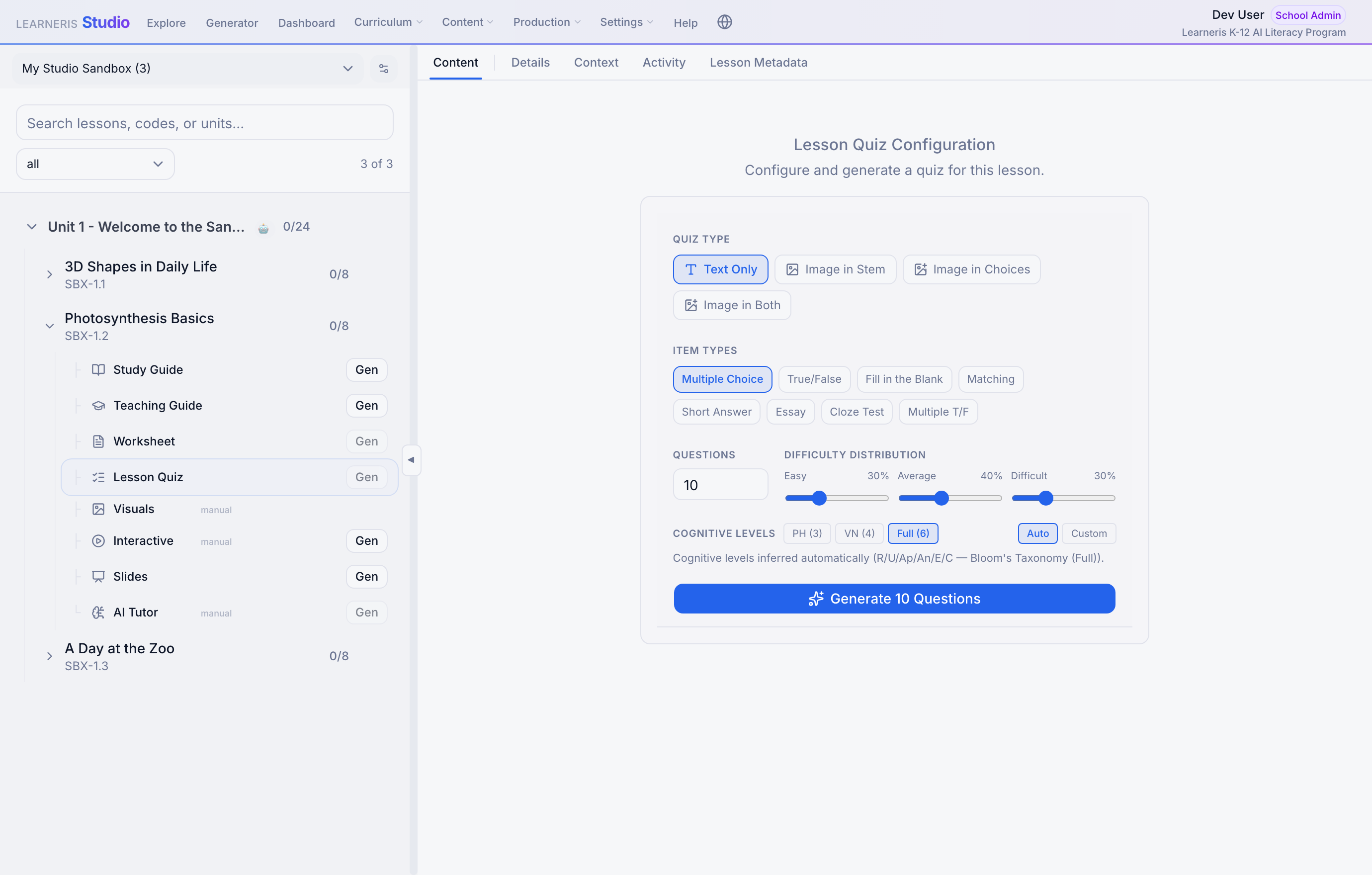 Cấu hình đề trắc nghiệm — nhiều dạng câu hỏi và ma trận độ khó · Quiz configuration — many question types and a difficulty matrix