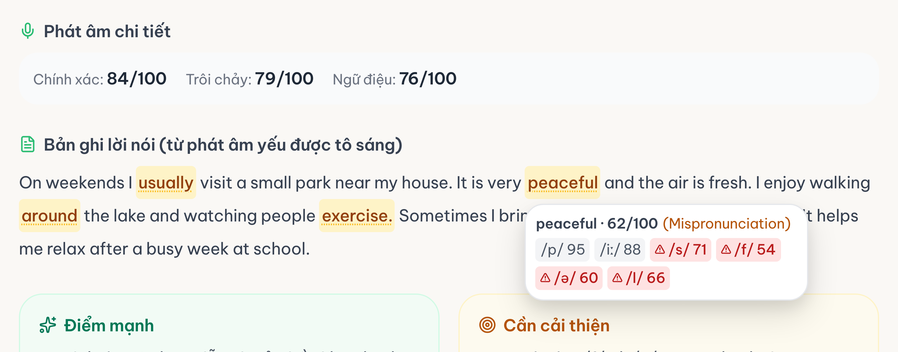 Thẻ điểm phát âm — điểm từng từ và âm vị được tô màu · The pronunciation score-card with per-word and per-phoneme colour-coding