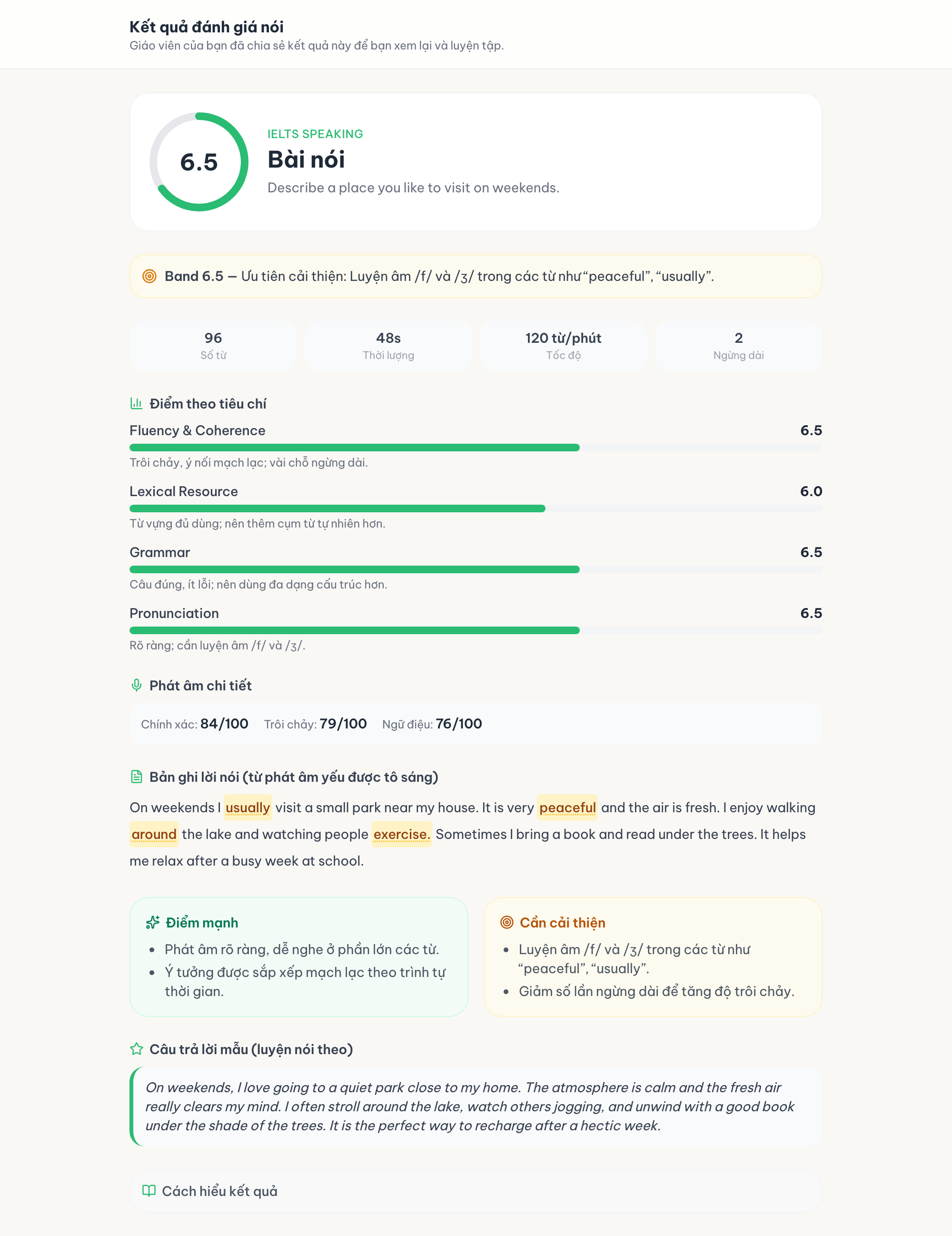 Kết quả bài nói mở bằng liên kết chỉ-xem, không cần đăng nhập · A speaking result opened via a read-only link, no login