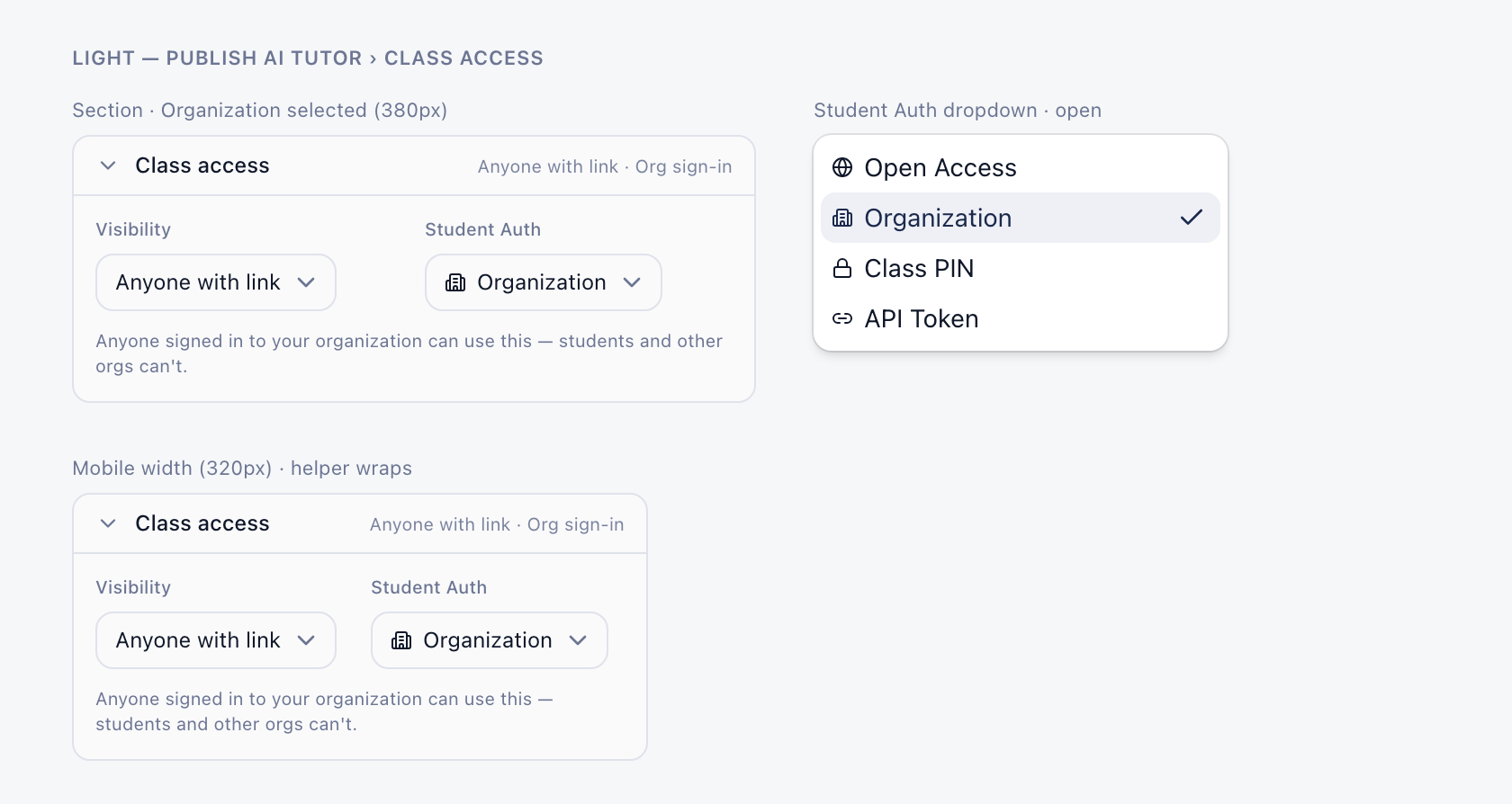 Mục Class access khi xuất bản gia sư, đang chọn Organization · The Class access section when publishing a tutor, with Organization selected