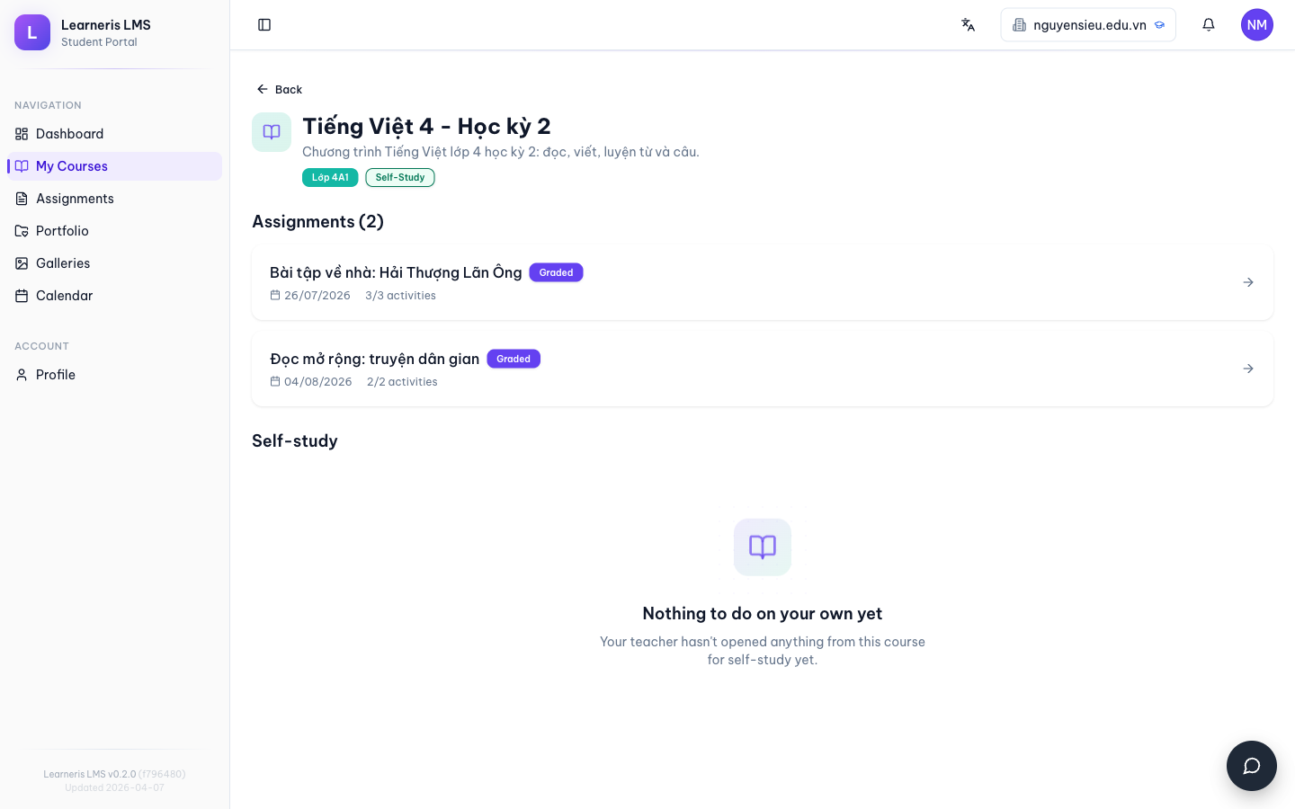 Trang khóa học Tiếng Việt 4 của học sinh — mục Tự học trống, ghi “Nothing to do on your own yet”.