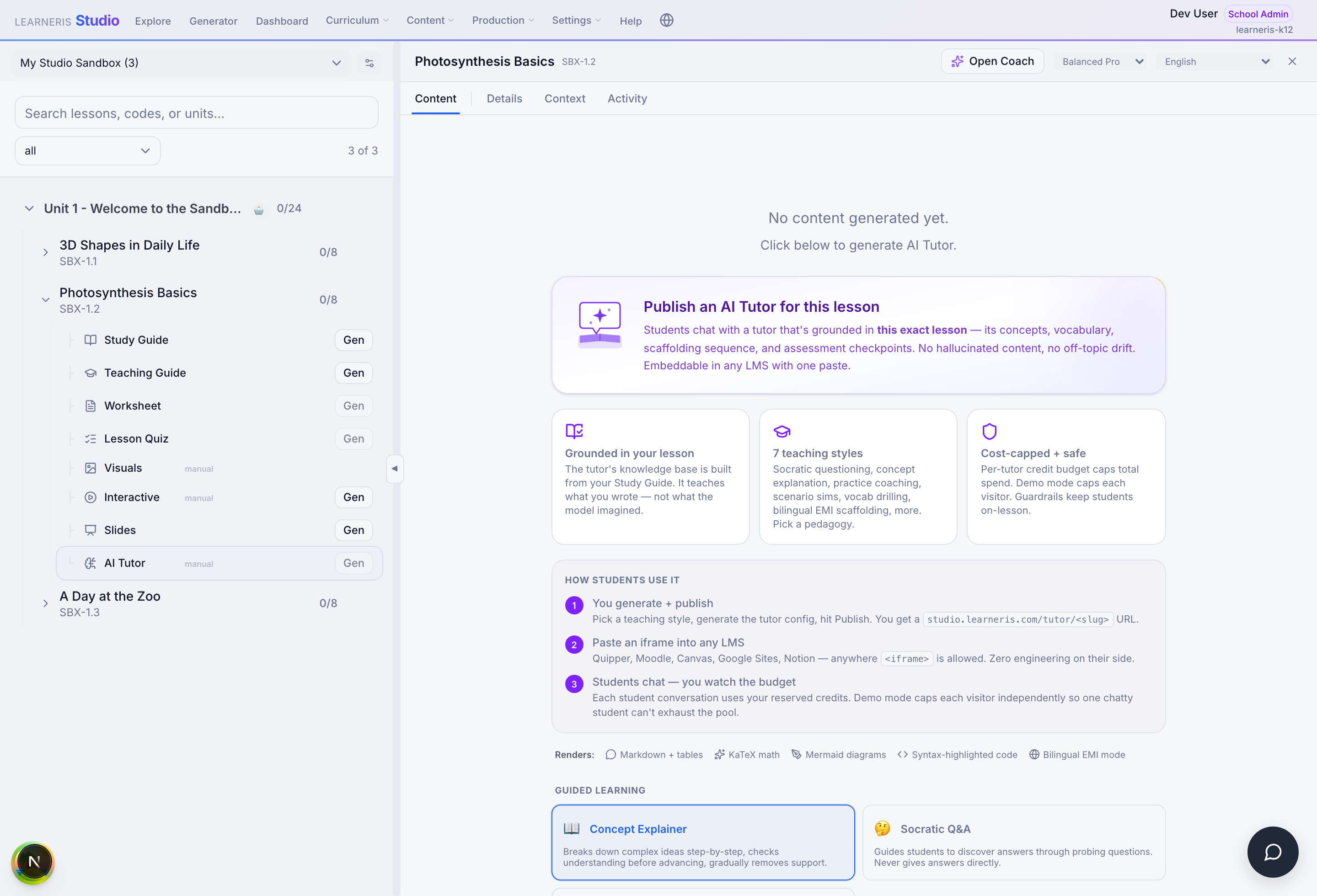 Learneris Studio — the teacher-side panel where AI Tutors are created and published for embedding into LMS lessons.